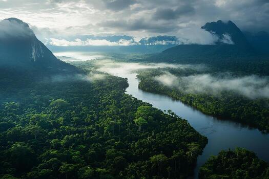 A riverboat navigating a wide jungle river under a blue sky