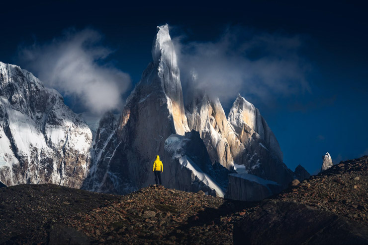 Jagged granite mountain peaks in Patagonia with a foreground lake
